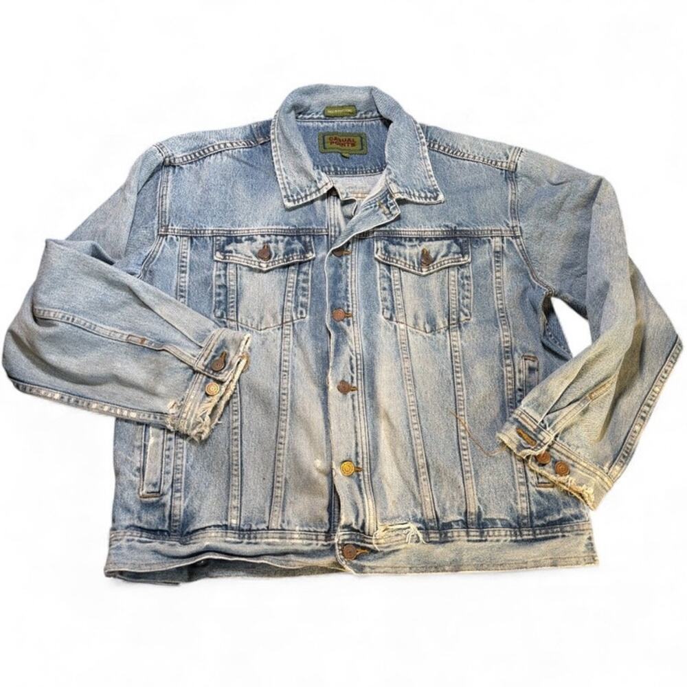 Vtg Distressed Denim Jean Jacket 100% Cotton Button Front Sz XL Retro Streetwear